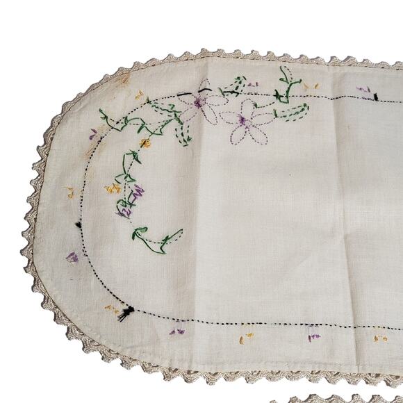 VINTAGE TABLE RUNNERS SET OF 2 PURPLE FLOWER EMBROIDERED DRESSER SCARF ESTATE - Picture 9 of 11